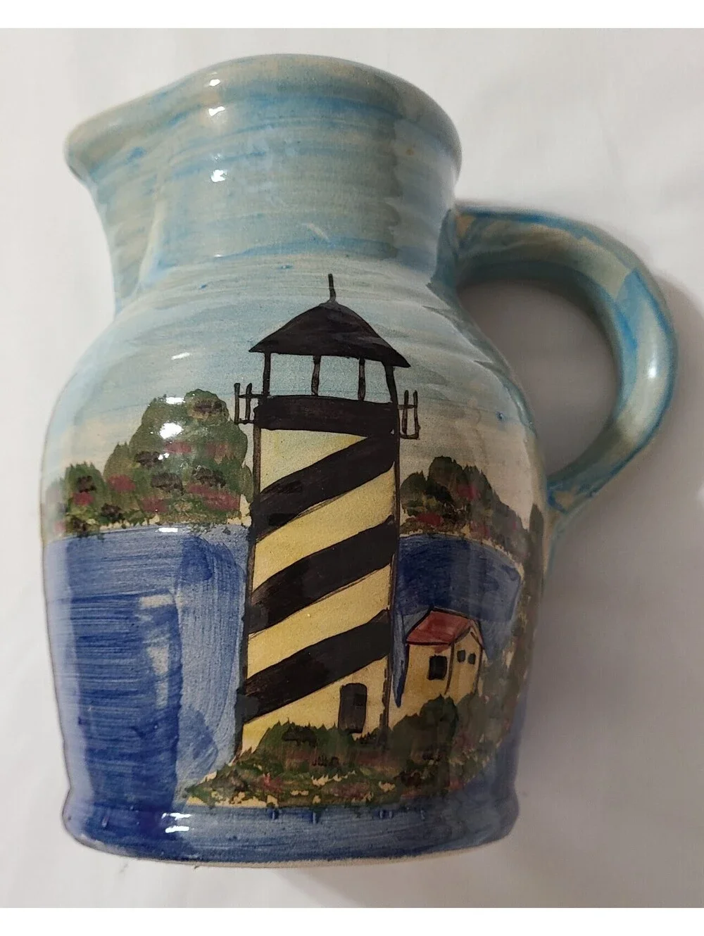 WCL Hand Painted Lighthouse Stoneware Pitcher Sz 7.5